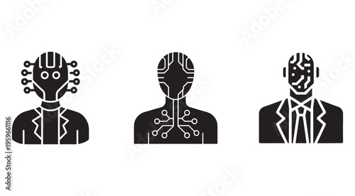 Three robotic humanoid figures with circuit board designs on their bodies and heads in black and white colors  futuristic technology and artificial intelligence concept