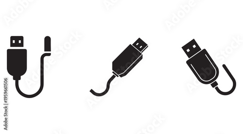 Usb cable connectors and plugs in various positions and angles on white background for technology and electronics concepts
