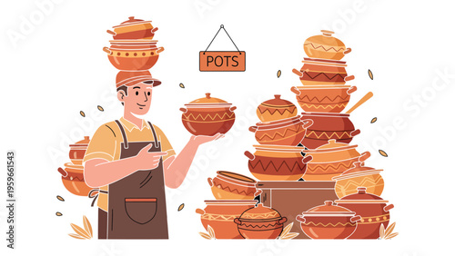 Pottery Vendor's Showcase: A pottery vendor presents his handcrafted earthenwares, with a wide array of pots and ceramics displayed to showcase the artistry of pottery-making. 