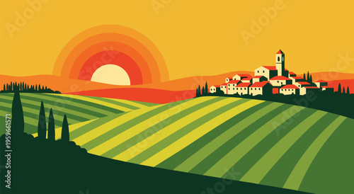 Charming Italian Village at Sunset A Scenic Vector Illustration of Rolling Hills and Tuscan Architecture