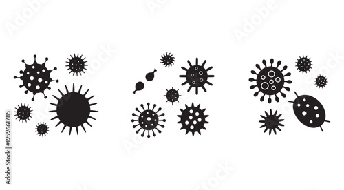 Virus and bacteria icons set  various shapes and sizes of microorganisms  illustrations of germs and cells  medical and scientific symbols  health and disease related graphics