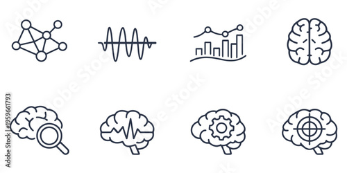 Modern Brain AI Technology Line Icon Set Neural Network, Data Analytics, Intelligence, Cognitive Science Symbols