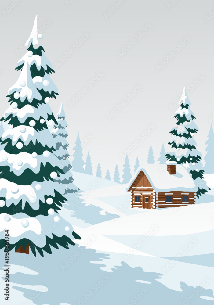 Fototapeta premium charming winter landscape vector illustration of a snowy cabin with fir trees in a serene mountain setting