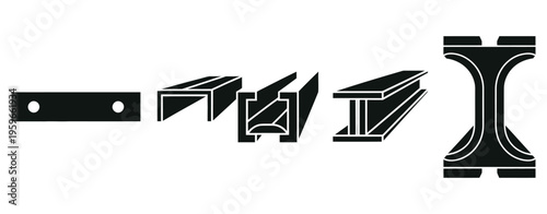 Steel beam silhouette icon set, solid style vector illustration, construction and structural engineering symbols