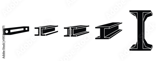 Steel beam silhouette icon set, solid style vector illustration, construction and structural engineering symbols