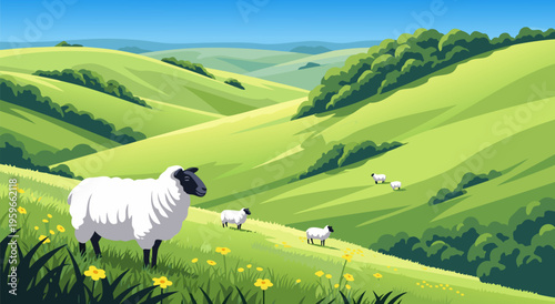 Serene Countryside Sheep Grazing in Rolling Green Hills, Digital Vector Illustration