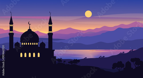 Beautiful vector illustration of a mosque silhouette against a stunning twilight sky with mountains and a tranquil lake, perfect for cultural and religious themes