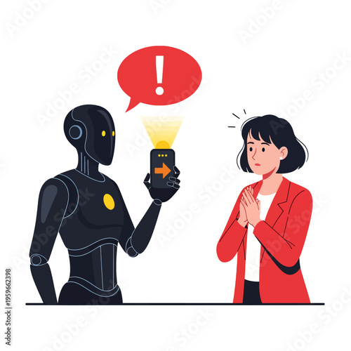 Robot Threatens Woman with Phone Alert - AI Danger Illustration for Technology and Future Concepts