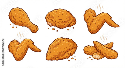 Collection of delicious and crispy fried chicken pieces displayed on a white background