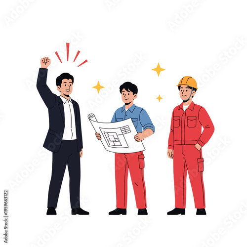 Construction Team Success Celebration Blueprint Design Engineering Project Management Building Professionals Achievement Happy Collaboration Vector Illustration