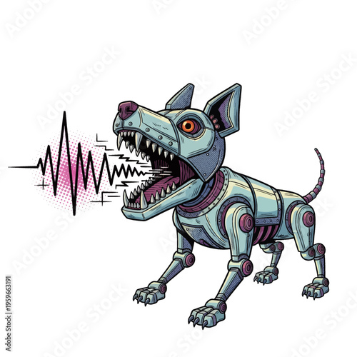 Cybernetic Dog Illustration Roaring with Sound Waves - Sci Fi Robot Canine Art for Games and Design Projects