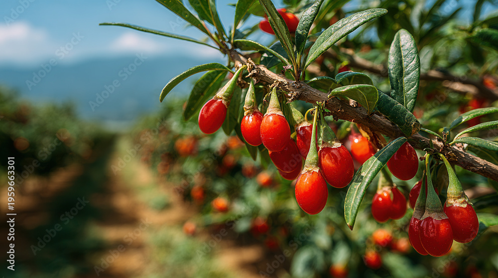 Obraz premium goji berry farm close-up with ripe berries on bush, educational concept of healthy superfoods, vibrant and natural composition 