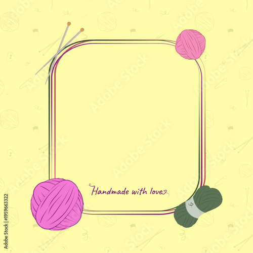 Knitting frame template and handmade greeting card with yarn balls on yellow background.