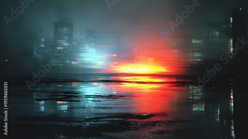 A vibrant cityscape at sunset with a foggy atmosphere and water reflection