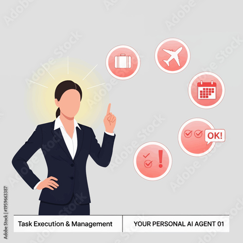 AI Agent Task Management Travel Planning Calendar Automation Business Woman Digital Assistant Efficiency Productivity Solutions