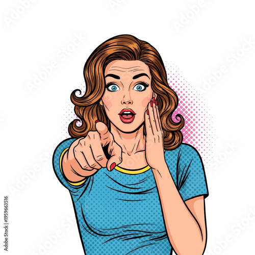 Retro Pop Art Woman Pointing Shocked Expression Comic Style Illustration Vintage Pin Up Girl Cartoon Vector Graphic Design