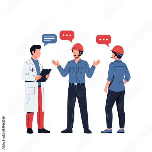 Construction Site Meeting Vector Illustration Doctor Engineer Communication Project Management Teamwork Discussion Planning Workflow Safety Inspection