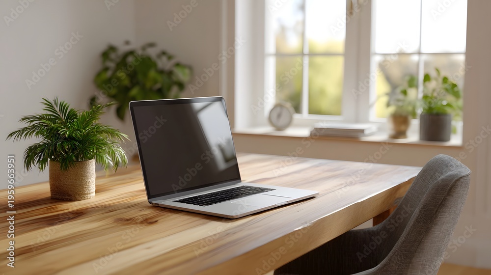 Fototapeta premium A modern laptop on a wooden desk with potted plants and a bright window creating a calm workspace