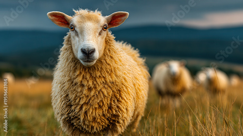 Happy sheep grazing in green pasture, calm countryside, bright natural colors 