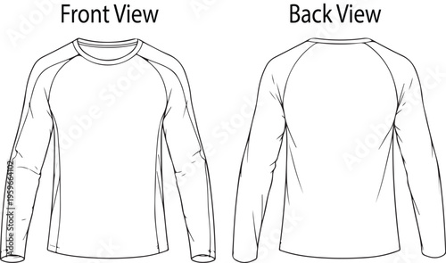 Long Sleeve Raglan T-Shirt Technical Sketch Mockup Vector with Front and Back View