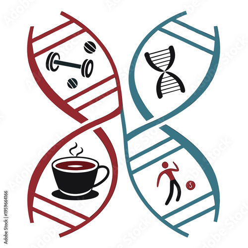 Intertwined genetic strands illustrating impact of dna on fitness, coffee habits, and active lifestyles, symbolizing personalized health and wellness