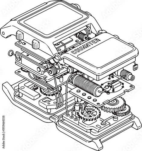 Exploded View Technical Drawing of Electronic Mechanical Counter Device Line Art