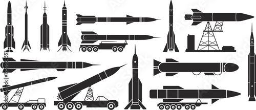 Missile and rocket launcher silhouettes set, military ballistic weapons isolated vector illustration collection