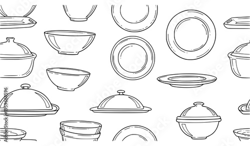 Kitchen serving dish seamless pattern hand drawn outline vector design