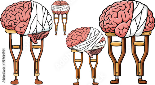 Collection of cartoon human brains with bandages and crutches symbolizing injury recovery or mental health struggles on transparent background
