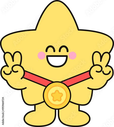 금메달 양쪽 브이하는 별 캐릭터