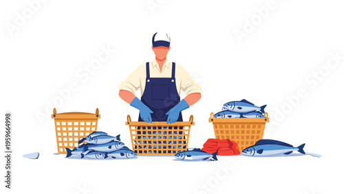 Seafood Handler at Work: A worker diligently arranges fresh, silver-scaled fish into baskets, showcasing a dedication to quality and freshness. 