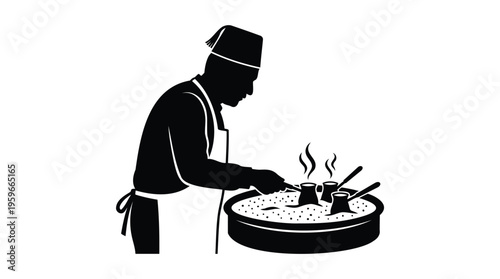 Silhouette of a person preparing traditional coffee in cezves over hot sand, highlighting an authentic and artisanal brewing technique