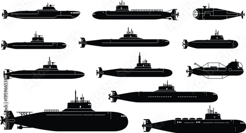 Modern military submarine silhouettes collection showing various underwater naval vessel designs, side views, technical profiles, and strategic defense concepts