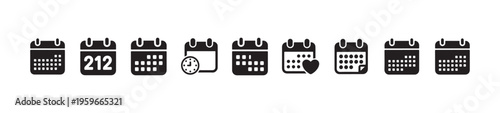 Calendar icons depicting numerical dates specific times and event markers in simple glyph style