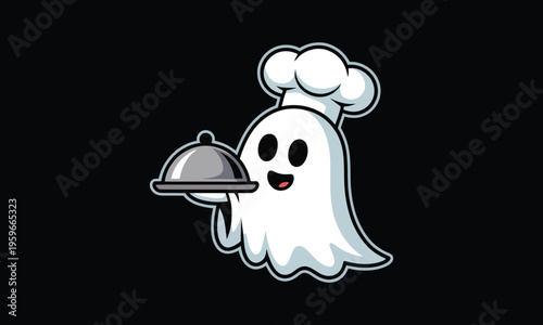 Cute ghost chef wearing chef hat serving food with covered plate happy friendly character design isolated on black