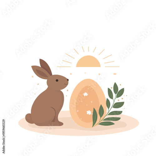 Cute Easter bunny with egg and spring leaves in pastel minimal style