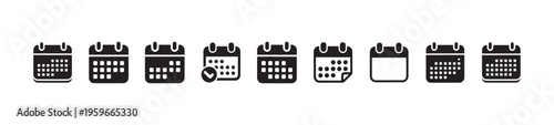 Line of different calendar icons showing schedule dates and planning elements for digital interfaces