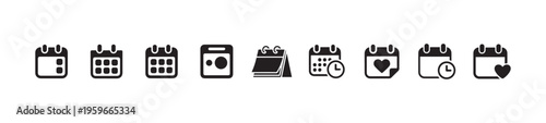 Assortment of calendar icons featuring different styles marks and date representations for design