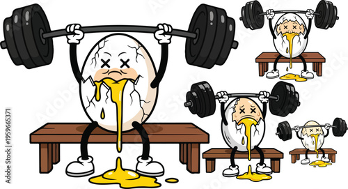 Cartoon cracked egg character struggling dramatically while lifting a heavy barbell during intense weight training exercises on transparent background