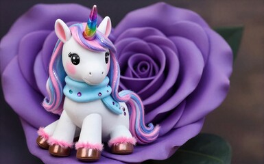 Cute unicorn with rainbow horn sits on purple rose wearing a blue