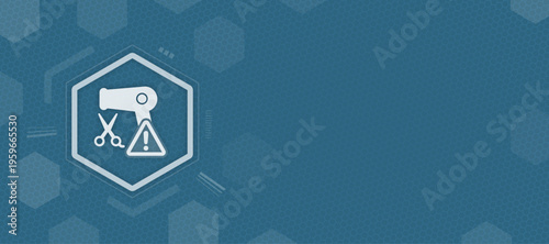 Hairdresser and Beauty Salon Safety Warning Icon on Blue Hexagonal Tech Background Vector with Copy Space
