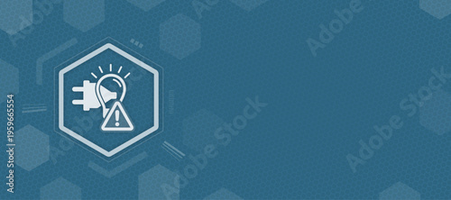 Electricity and Power Failure Warning Alert Icon on Blue Hexagonal Tech Background Vector with Copy Space