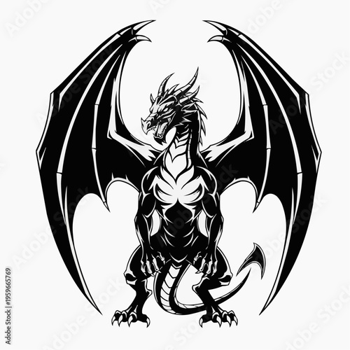 Majestic mythical creature illustration featuring a powerful, winged beast with a fierce gaze and spread wings, symbolizing strength and ancient legends in a striking monochrome design