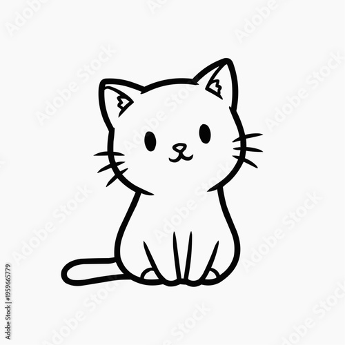 A charming minimalist black and white line drawing of a cute, plump cartoon kitten sitting and looking forward with big eyes and a gentle smile, perfect for children's books and pet-themed designs