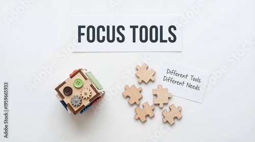 Focus Tools and Puzzle Pieces on Clean White Surface 4K