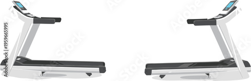 Modern treadmill fitness equipment illustration, side view gym running machine, home workout cardio technology isolated on white background vector design