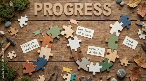 Puzzle Pieces Representing Progress and Growth on Wood