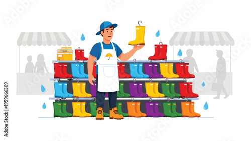 Rainy Day Gear: A cheerful vendor presents a vibrant array of rain boots. Raindrops fall gently, setting a scene of practical, colorful weather wear.