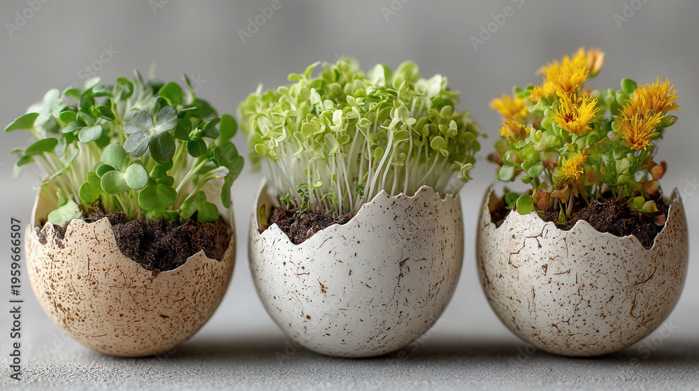 Fototapeta premium cracked eggshells used as planters for microgreens, bright and fresh spring concept, minimal white background, creative and eco-friendly composition