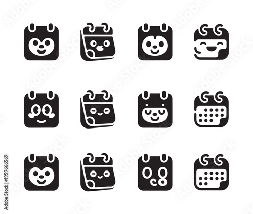 Calendar vector icon set with cute funny faces, web site design, app, UI, isolated on white background